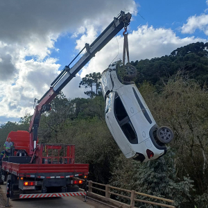 Carro sai da pista e fica preso em galhos às margens do rio Passa Três