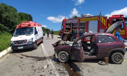 Colisão frontal entre carro e caminhão deixa dois feridos na BR-280, em Mafra