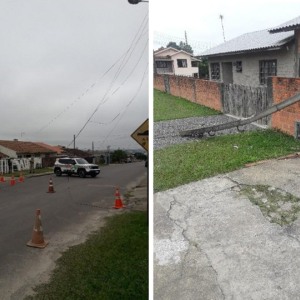 Caminhão enrosca em fiação elétrica, derruba poste e motorista foge em Mafra