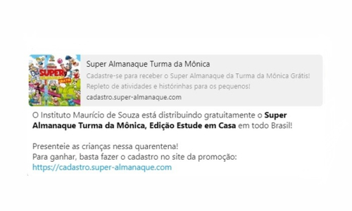 Mensagem sobre distribuição gratuita de almanaque da Turma da Mônica é falsa