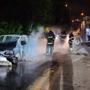 Carro é destruído em incêndio no Jardim América, em Mafra