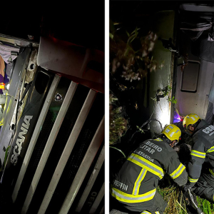 Carreta tomba e caminhoneiro morre na BR-280, em Mafra