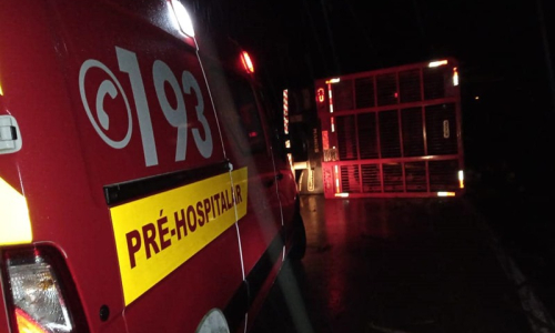 Carreta carregada de eucalipto tomba na SC-114, em Itaiópolis