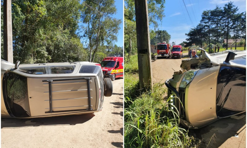 Carro tomba após colidir contra poste no interior de Mafra